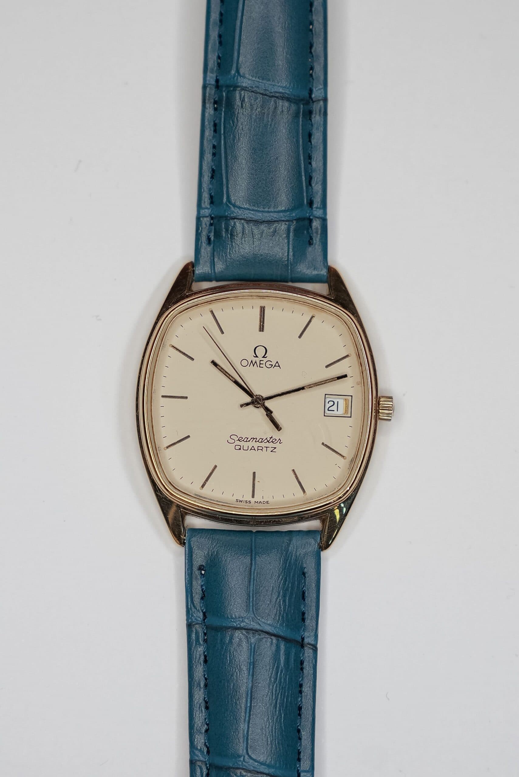 Omega Seamaster Quartz cream dial on blue leather strap
