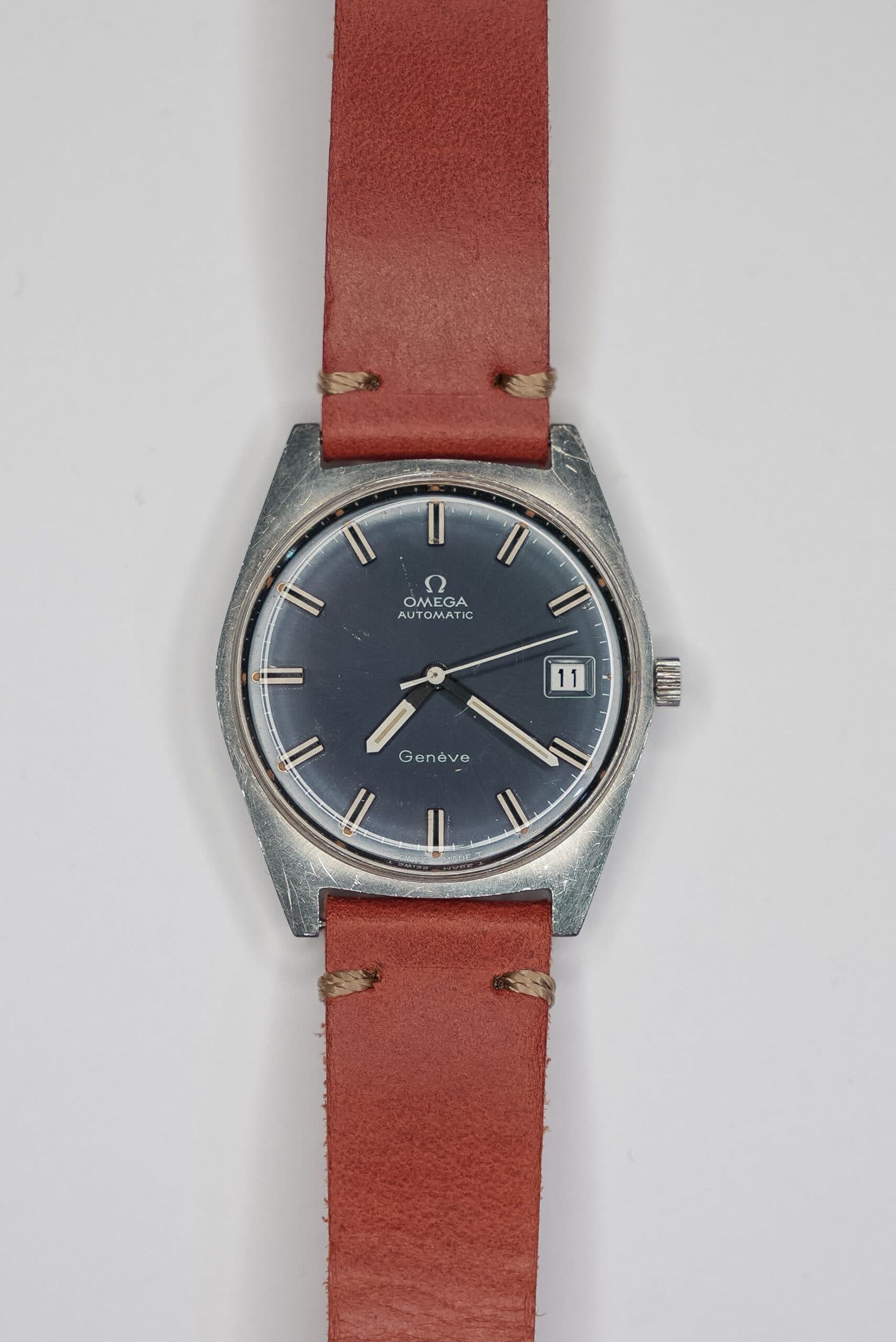 Omega Genève blue dial on brown leather strap