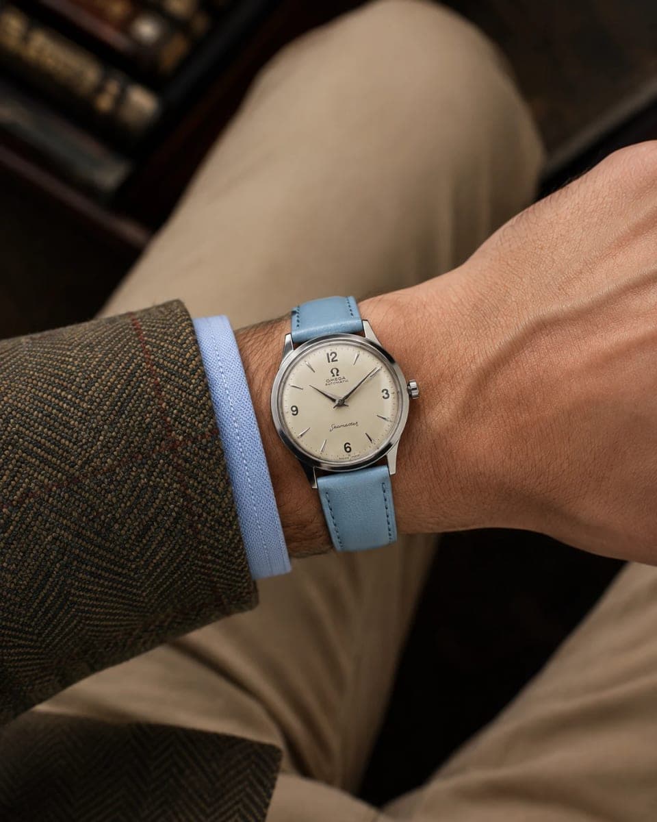 A vintage Omega on a pale blue strap, worn on the wrist